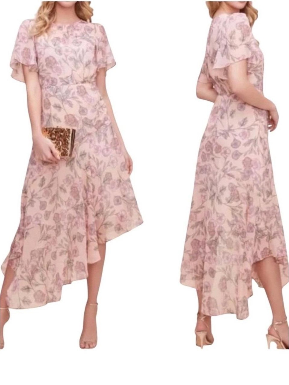 Astr The Label Pink Floral Flutter-Sleeve Asymmetrical Dress